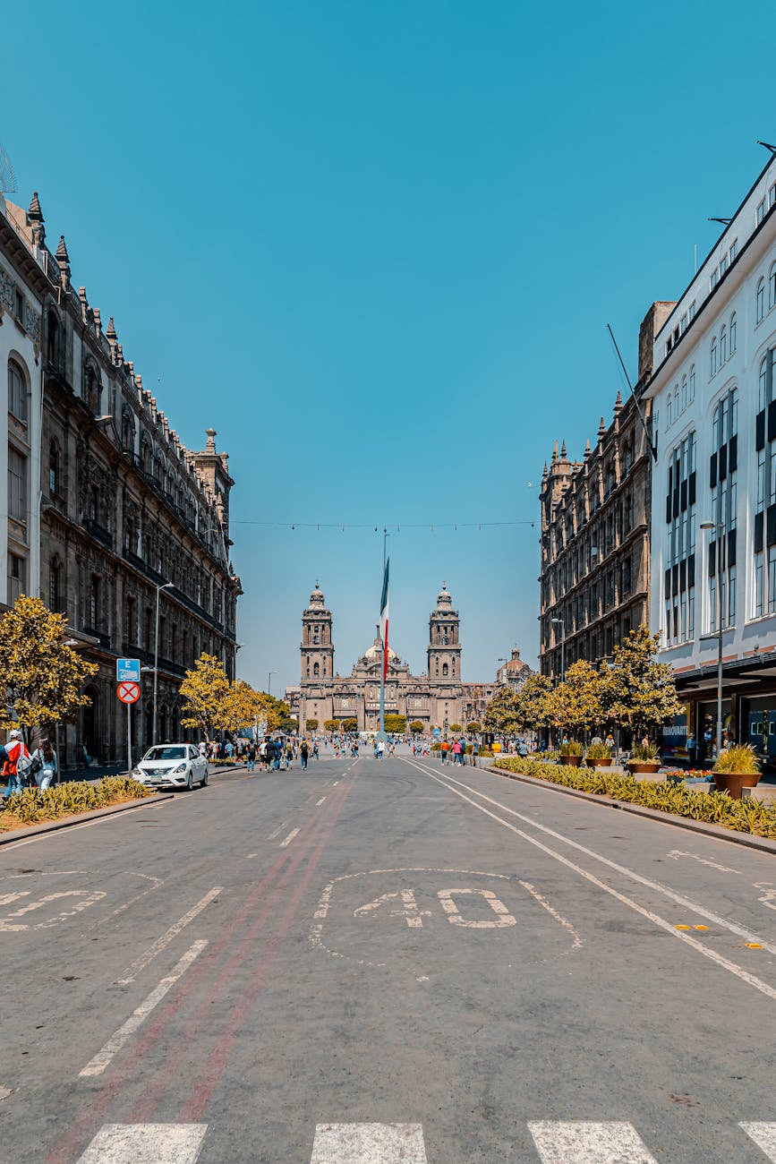 metropolitan cathedral behind street in mexico city
