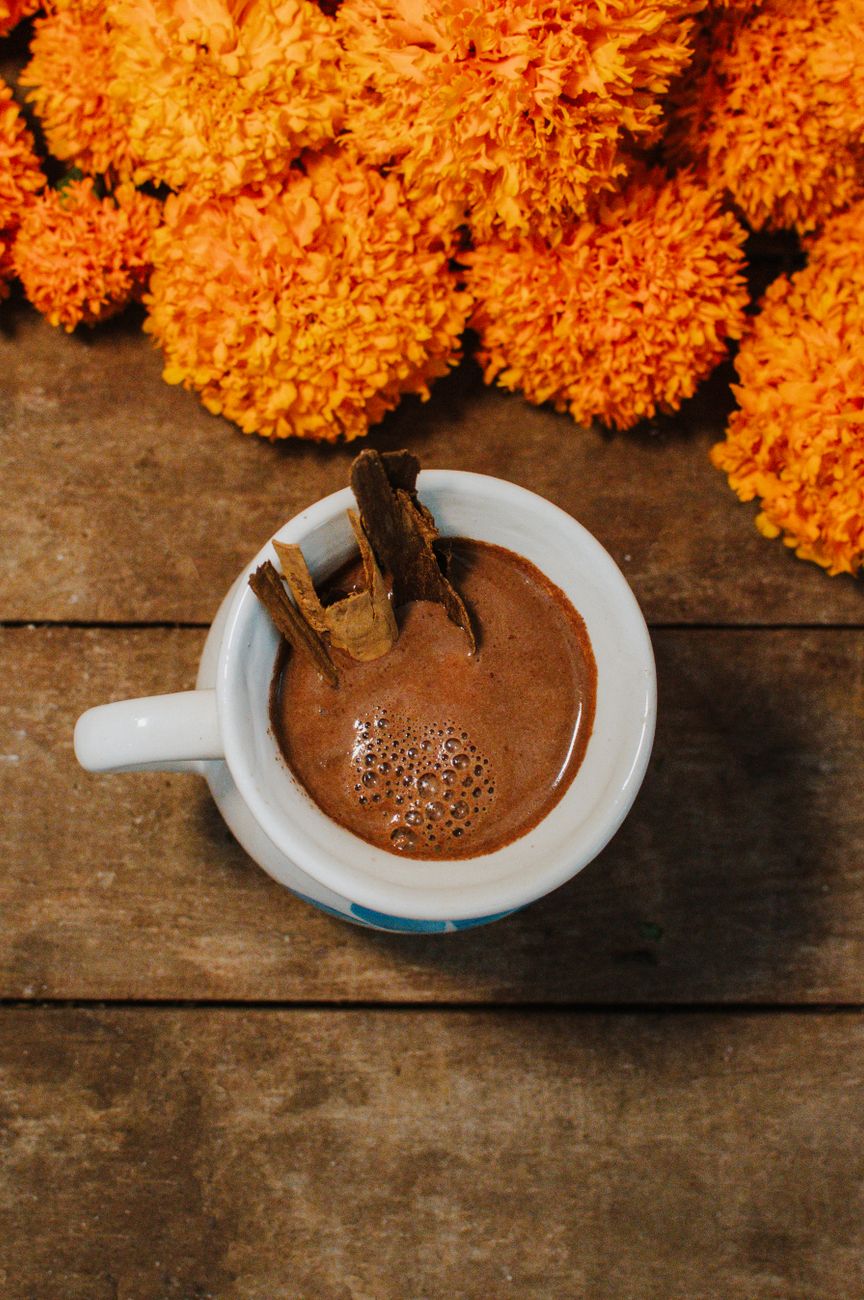 traditional mexican hot chocolate with marigolds
